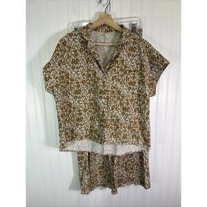 Rylee + Cru Women's Floral Short Sleeved Pajama Top Pants Set Brown Beige Size L